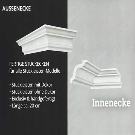 Vorgefertigte Außenecke für Stuckprofile, Skintec Gips-Optik, montagefertig und exklusiv geschnitten