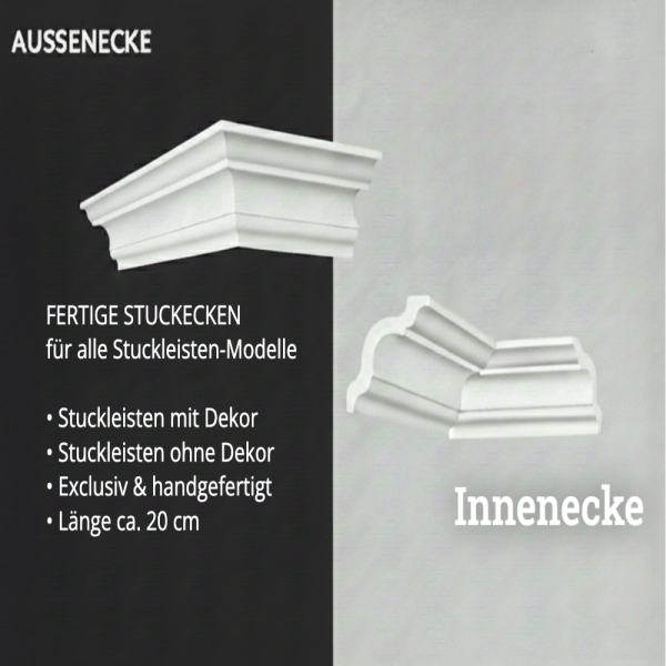 Vorgefertigte Außenecke für Stuckprofile, Skintec Gips-Optik, montagefertig und exklusiv geschnitten
